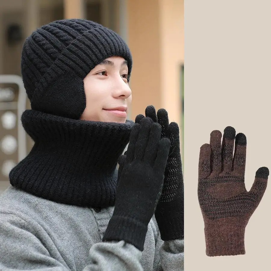 Men\'s Hat and scarf Gloves Set three Pieces for Men Winter Knitted Beanie Hats Thick Warm Hat scarf Glove Set Outdoor Windproof