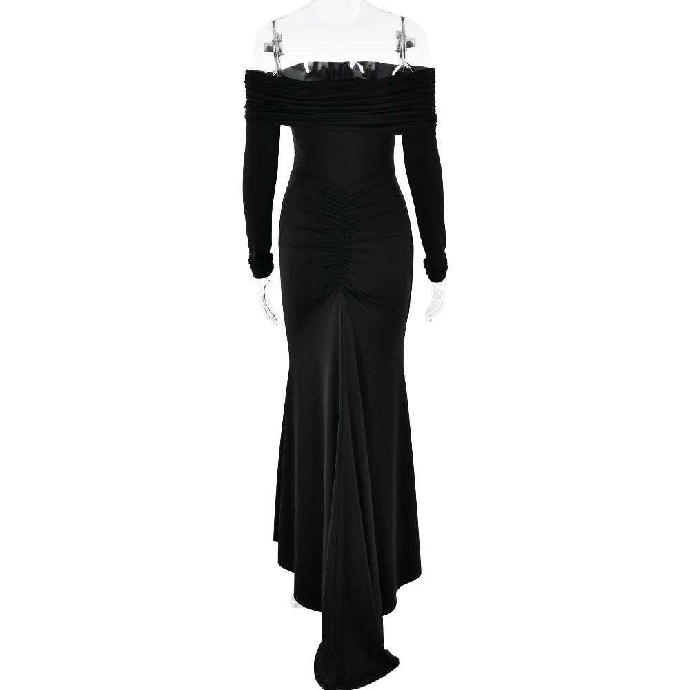 Elegant Long Sleeved Stretch Tight Bow Pleated Evening Dress Women Sexy Backless Bodycon Party Autumn Winter Vestido