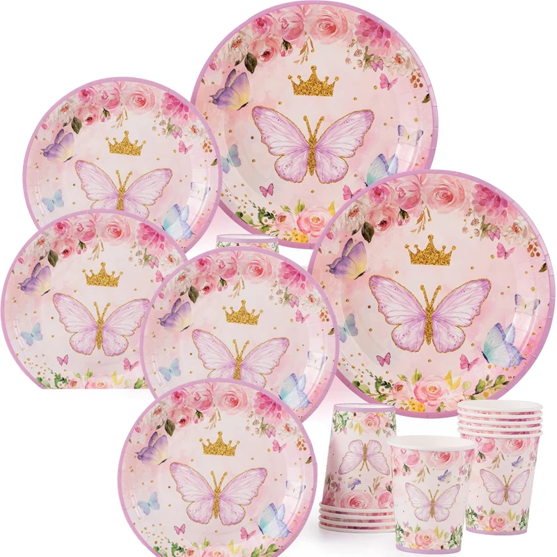 

60pcs/lot Butterfly Theme Paperboard Tableware Set Happy Birthday Party Plates Cups Dishes Decoration Supplies