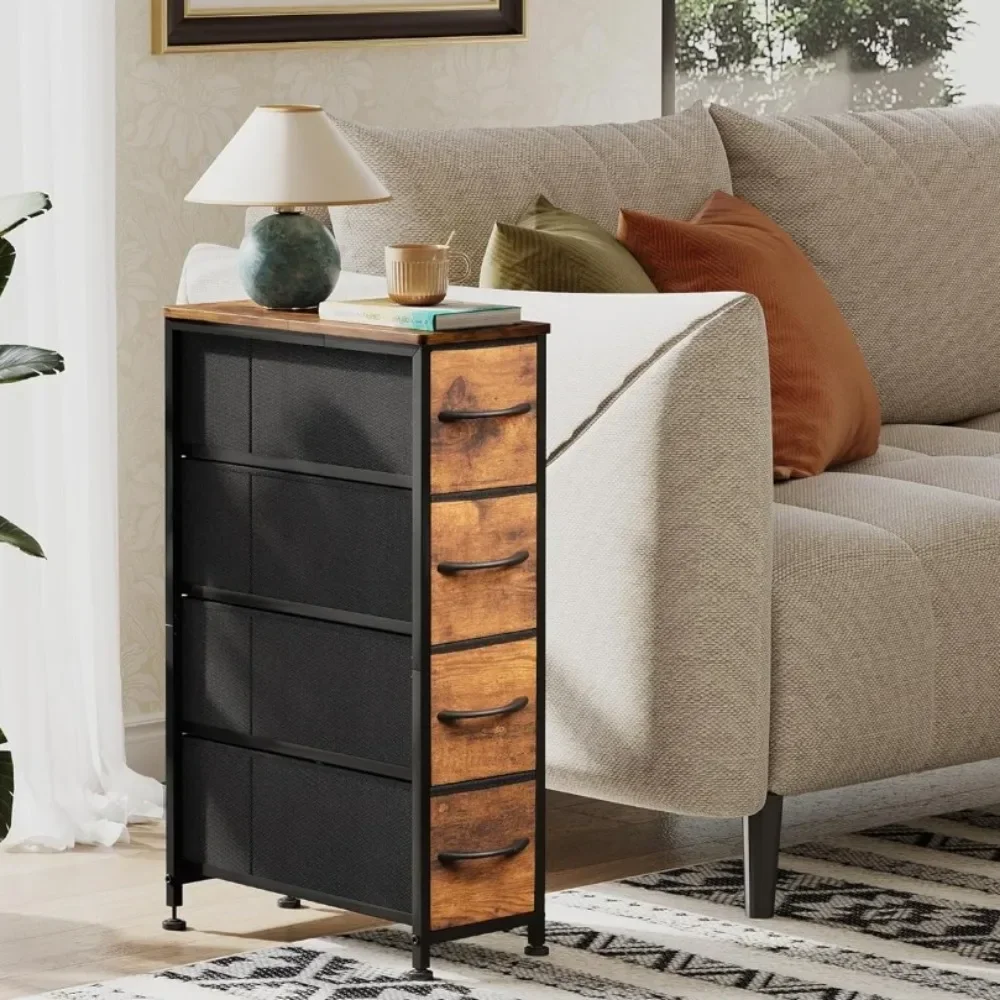 

Narrow Dresser Storage Tower with 4 Drawers, Slim Dresser Chest of Drawers with Steel Frame, Wood Top, for Bedroom / Bathroom