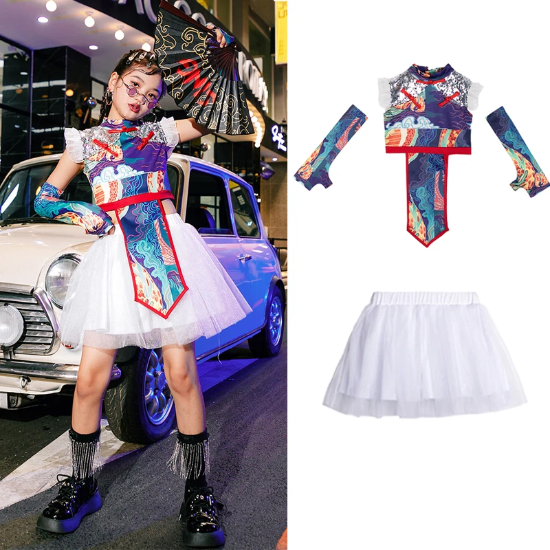 

Children Hip Hop Clothes For Girls Jazz Street Dance Costume Kids Chinese Style Top Skirt Cheerleading Stage Outfit XS5352