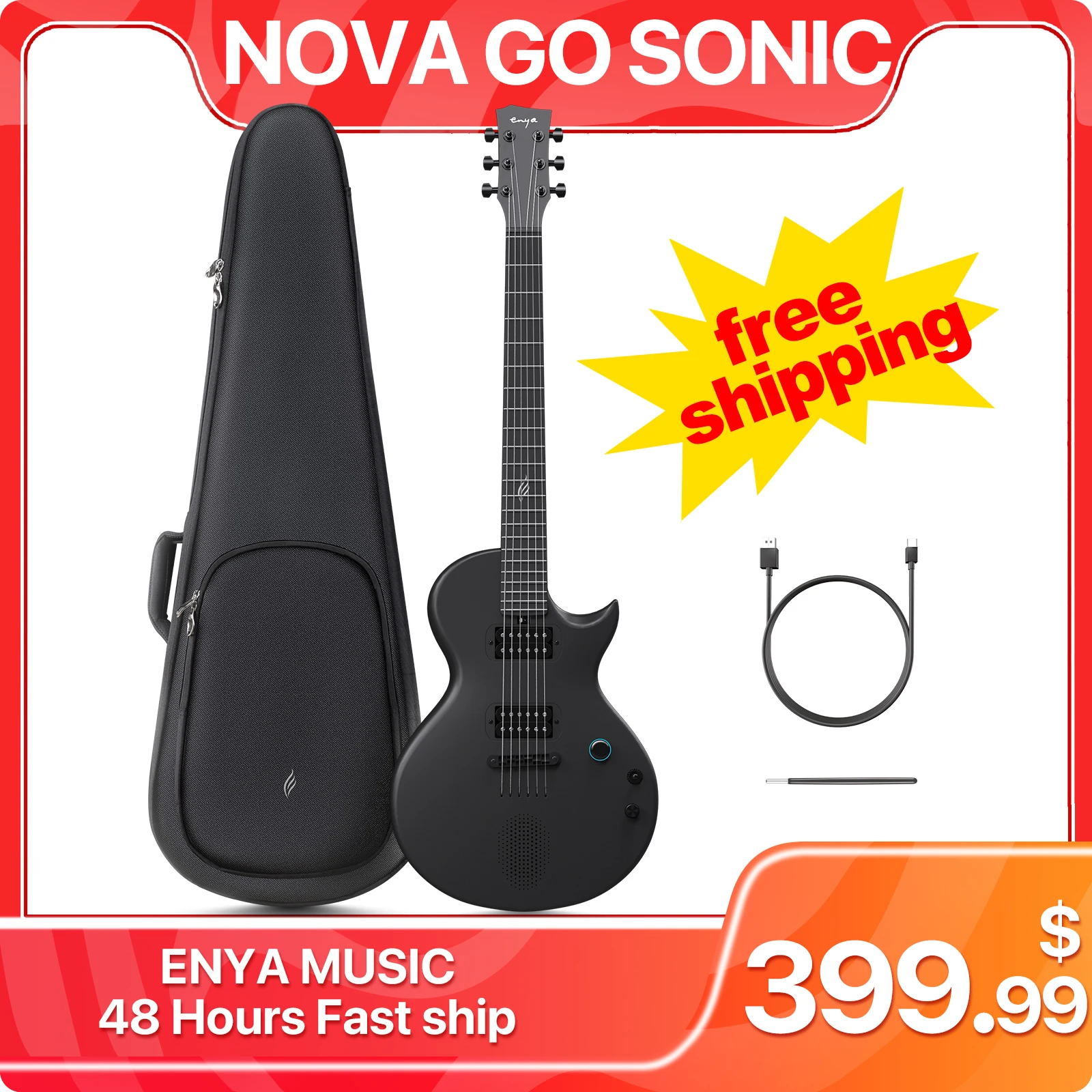 Enya-Guitarra eléctrica inteligente Nova Go Sonic, instrumento musical de fibra de carbono con altavoz inalámbrico, preajustes a bordo, Cable de carga