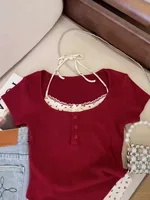 Red Sweet Spicy Girl Lace ort Sve T-irt Women Summer BM Sle Pure Desire Floral Ne Hanging Top Fake Two-Piece