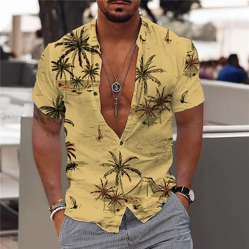Coconut Tree  Luxury Men's Social Shirts for Summer 3d Print Hawaiian Shirt Beach Fashion V-Neck Short Sleeve Tops Male Clothing