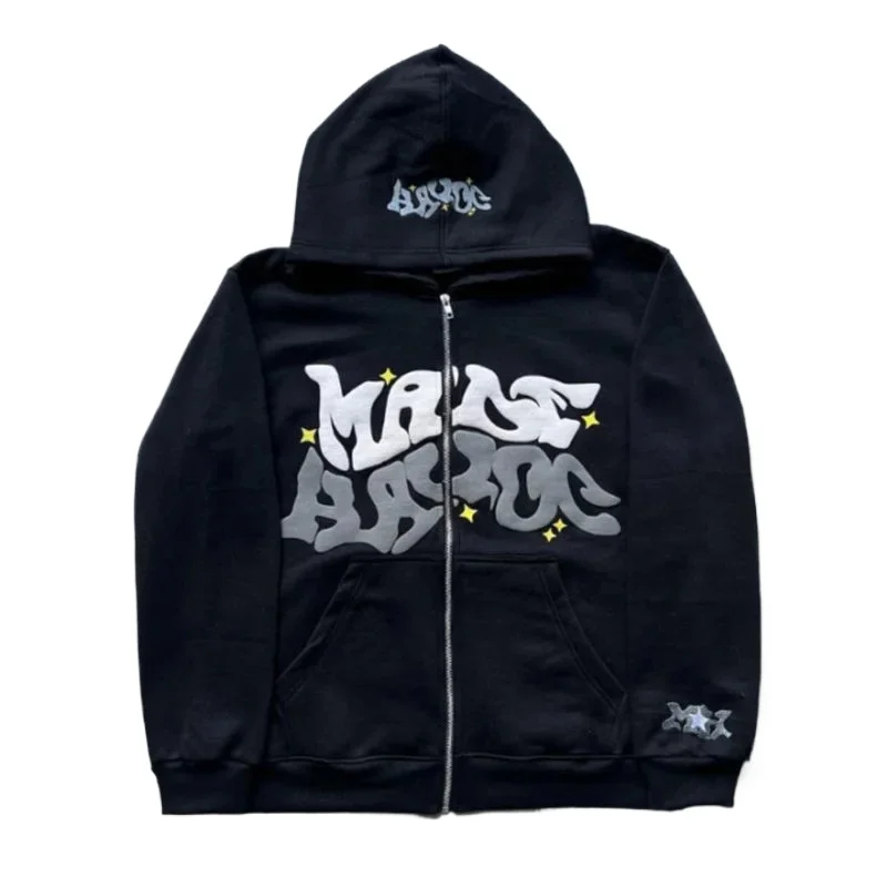 New trendy retro American letter-zippered hooded sweatshirt, unisex millennium-style jacket for autumn and winter