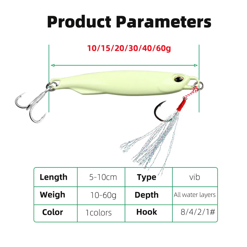 Description Picture 4 of item10g/15g/20g/30g/40g/60g Fishing Luminous Metal Jig Fishing Lure Baits Hard Spoon Bait with Blood Hook