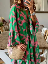  Women Deep V Button Print Loose Beach Dress Fashion Flared Sleeve Pleated Midi Party Dress Summer Casual Street Pullover Dresses 