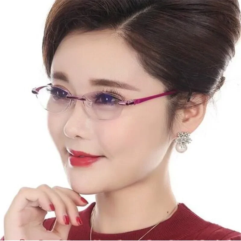 Rahmenlose Lesebrille für Damen, bifokal, weit und nah, blaues Licht blockierende Dioptrien +1,0 +1,5 +2,0 +2,5 +3,0 +3,5 +4,0