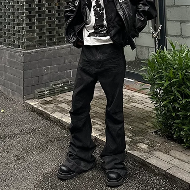 Streetwear Black Glue Coated Boot Cut for Men and Women Straight Baggy Casual Flare Pants Oversized Loose Denim Trousers 1