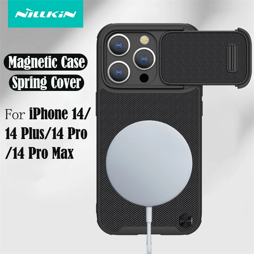 

NILLKIN For MagSafe For iPhone 14 Pro Max Magnetic Case Textured Nylon Fiber Slide Camera Spring Cover For iPhone 14 Pro Plus