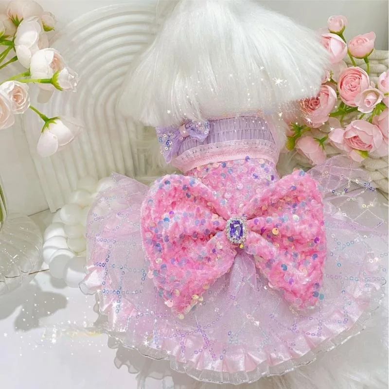 

Одежда для домашних животных, платье с блестками для собаки, большая Пышная юбка с бантом, эластичное розовое весеннее/летнее сказочное платье, товары для собак и кошек, Тедди