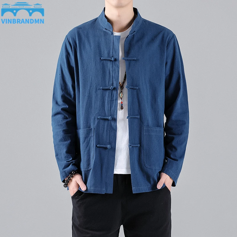 

Vinbrandmn Chinese Trend Solid Color Tang Suit Men's Kung Fu Tai Chi Shirt Men's Top Shirt Hanfu Jacket Coat Loose Plus Size