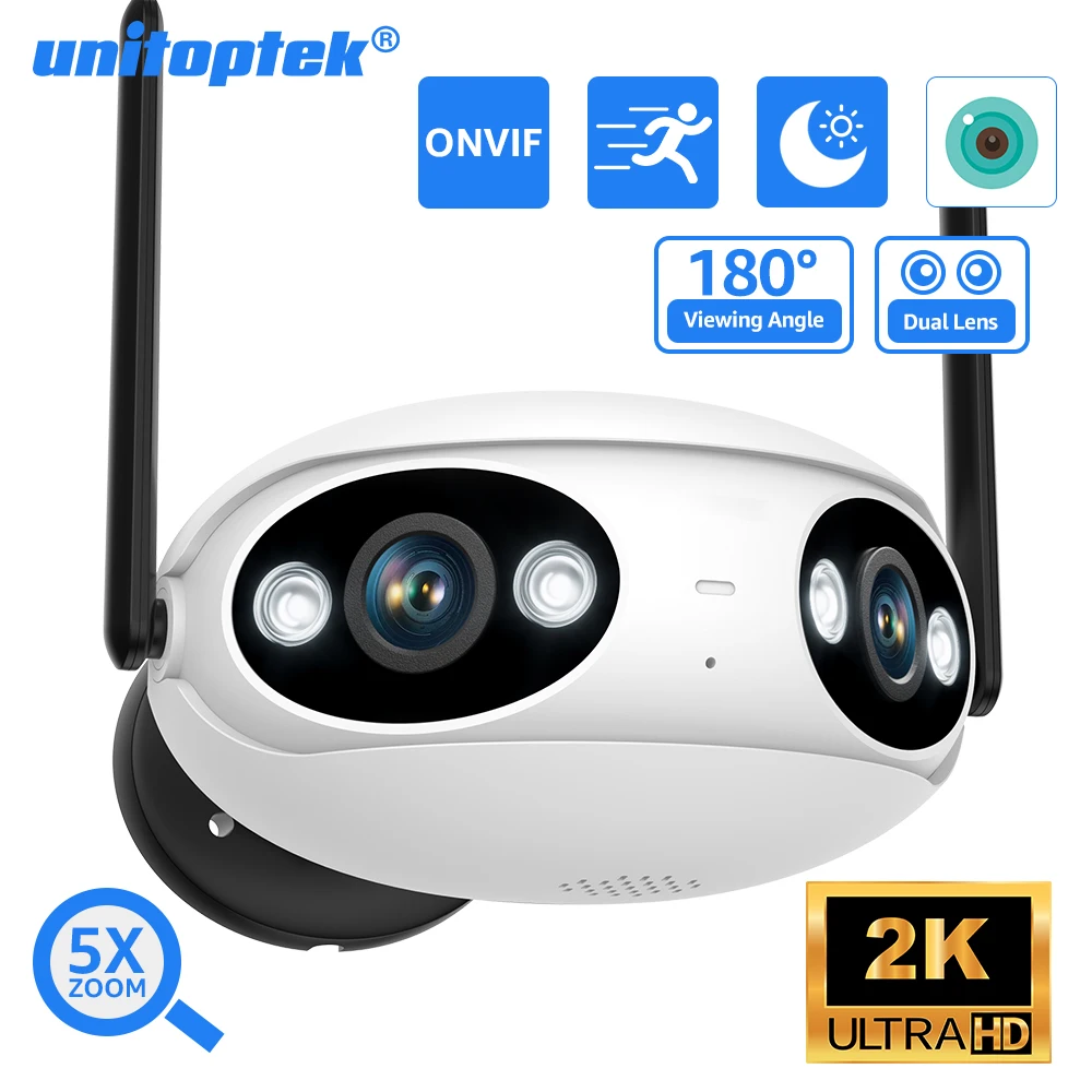 Unitoptek Dual Lens POE Wifi Security IP Camera 180° Ultra Wide View Angle AI Auto Tracking Onvif CCTV Street Surveillance Cam