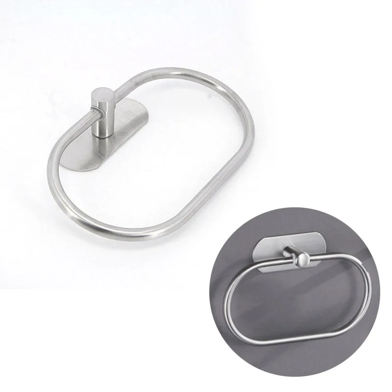 silver Towel Ring Hanger Stainless Steel Heavy Duty Hand Towel Round Base wall Holder Self Adhesive No Drill storage Rack p1