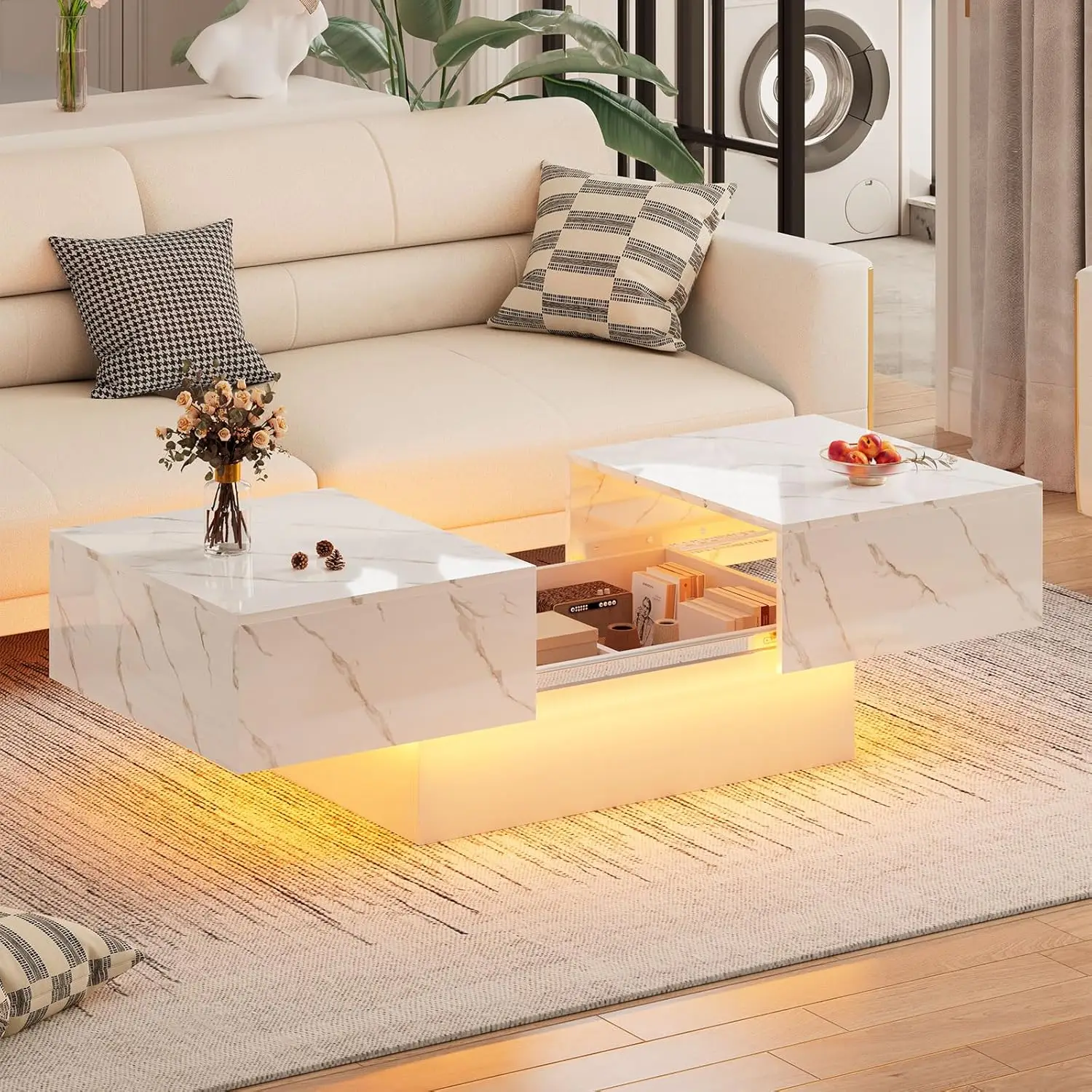Description Picture 4 of itemFaux Marble Finish Glossy Coffee Table with LED Light, Modern Coffee Table, Led Coffee Tables for Living Room