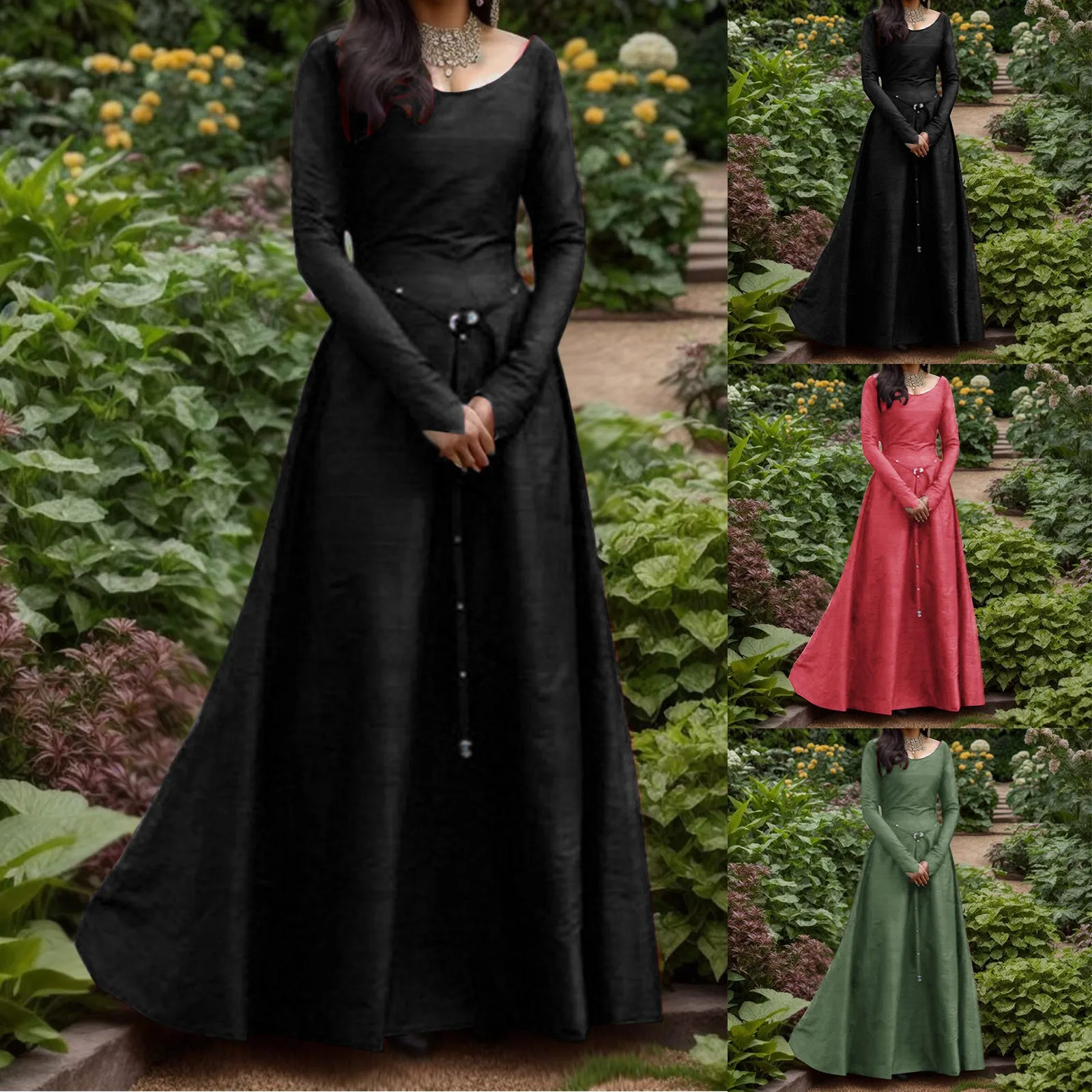 

Женское платье с круглым вырезом и длинным рукавом, однотонное облегающее платье средневекового, средневекового, Центрального и европейского стиля, 2023