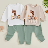 2024-05-31 Lioraitiin Baby Boy First Birthday Outfit, Animal Print Long Sleeve Sweatshirt Elastic Waist Pants Set for Fall 1