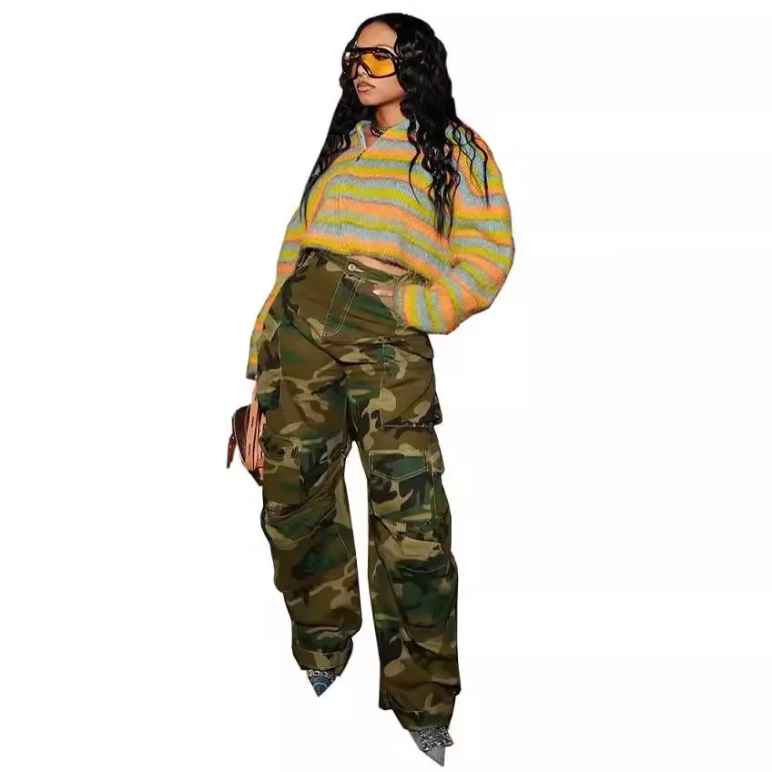 Women's fashionable multi pocket military pants, women's retro workwear pants