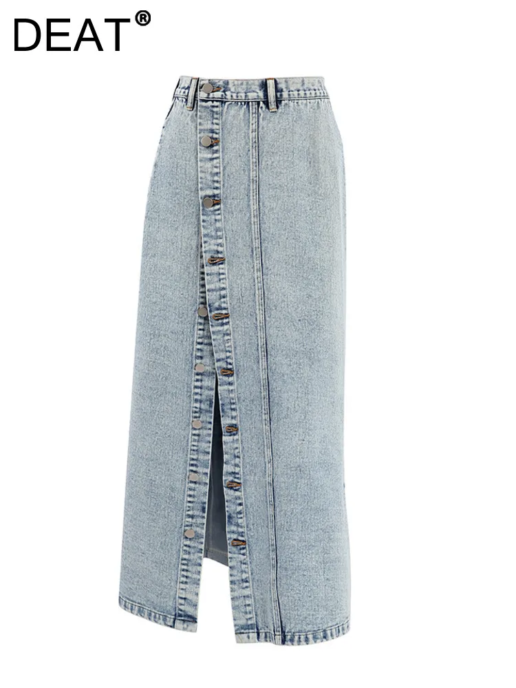 

DEAT Women's Denim Skirt High Split Light Blue Single Breasted Spliced Asymmetric Straight Skirt 2023 Autumn New Fashion 29L1579