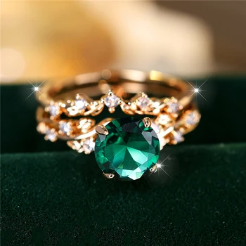 Luxury Female Crystal Green Zircon Stone Engagement Ring Set Cute Wedding Jewelry For Women