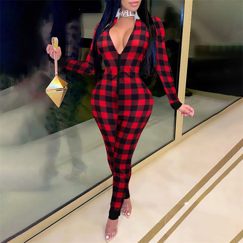 

Christmas Romper Women 2023 Clothes Cute Plaid/Snowman Print V Neck Zipper Long Sleeve Hooded Jumpsuit Long Pants Streetwear
