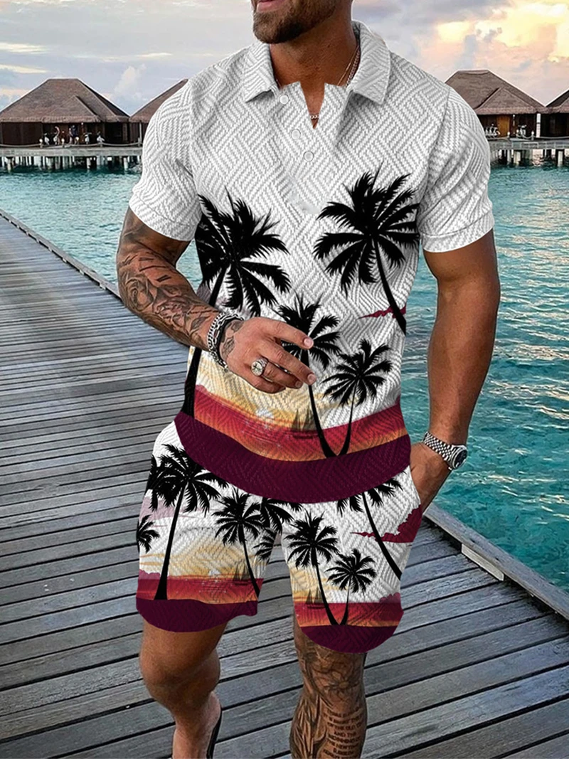 Summer Men Suit 3D Print Beach Coconut Trees Button Polo Shirt + Shorts Two Piece Set  Fashion Casual Man Clothing Tracksuit Set 2