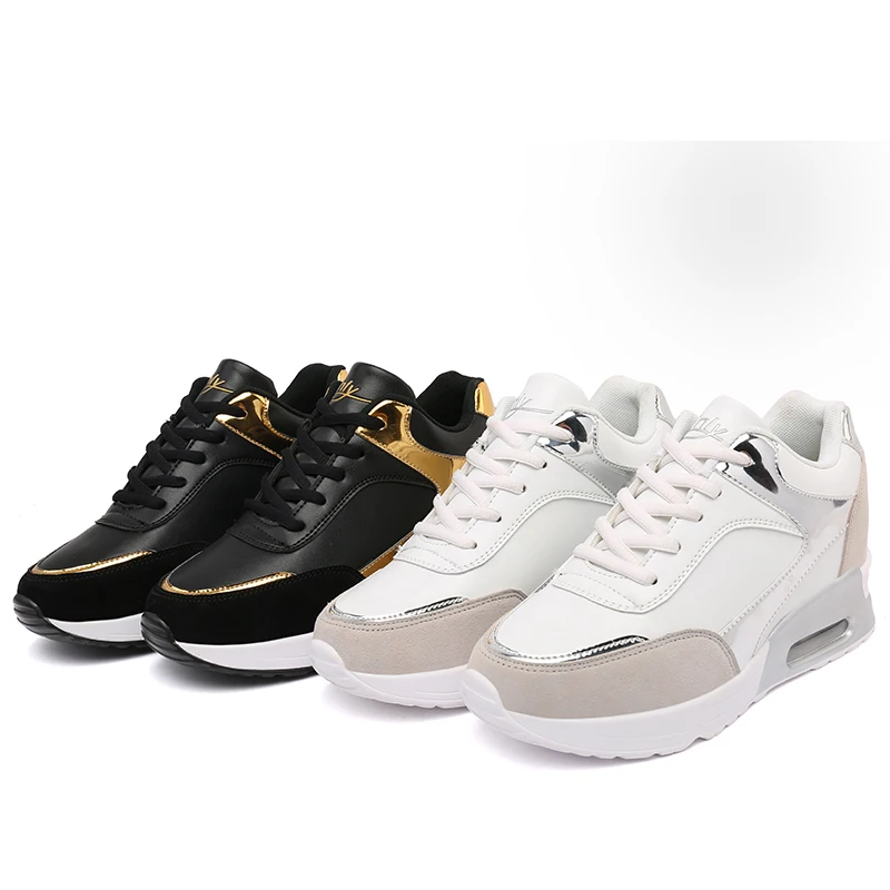 Height Increasing Women Sport Shoes Black Gold Female Walking Sneakers Comfortable Spring Outdoor Travel City Walk Shoes