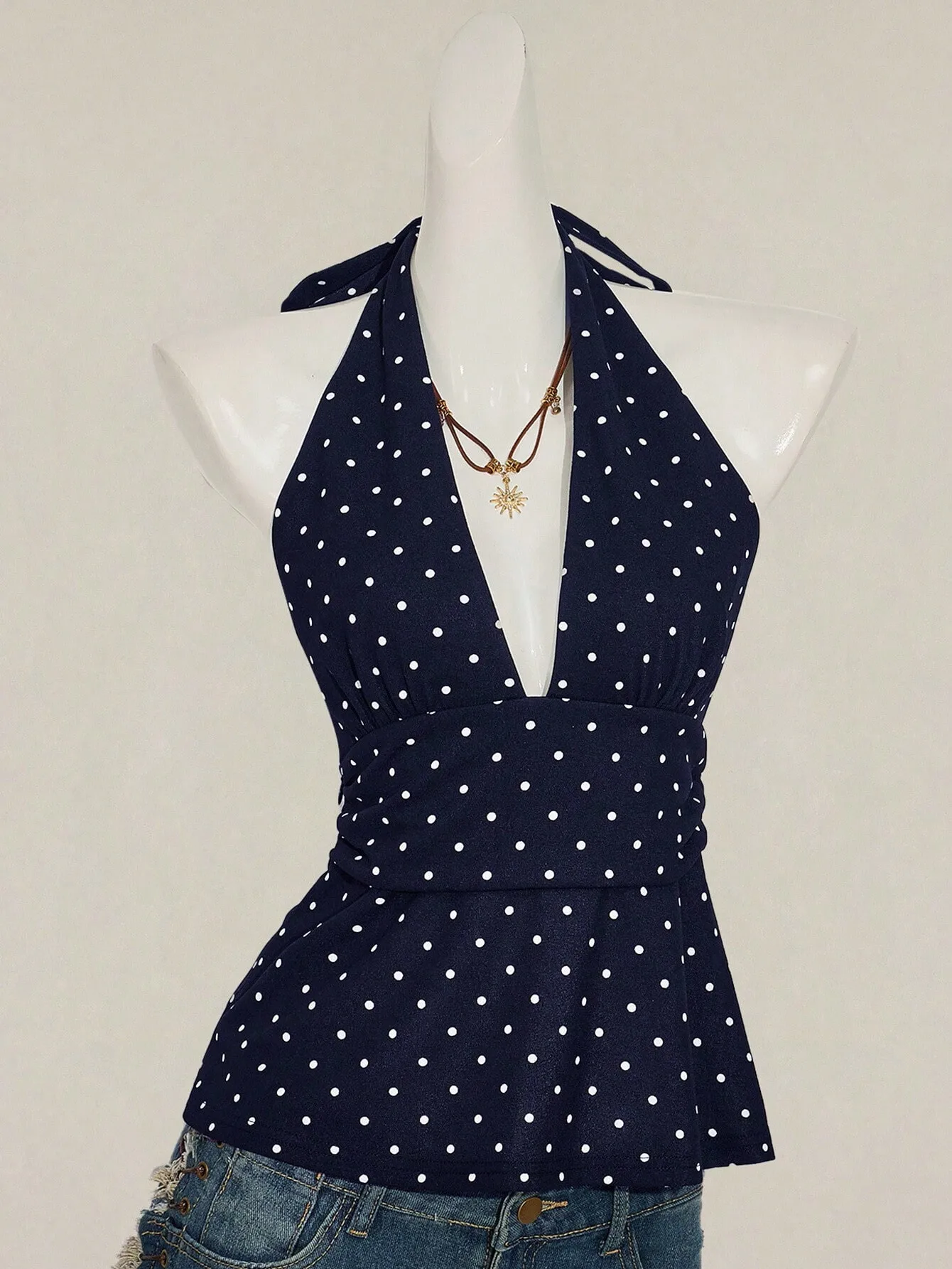 Damen-Top mit Polka-Dot-Muster, ärmellos, tiefer V-Ausschnitt, rückenfrei, zum Binden, Peplum-Top für den Sommer, Streetwear – Detail 5