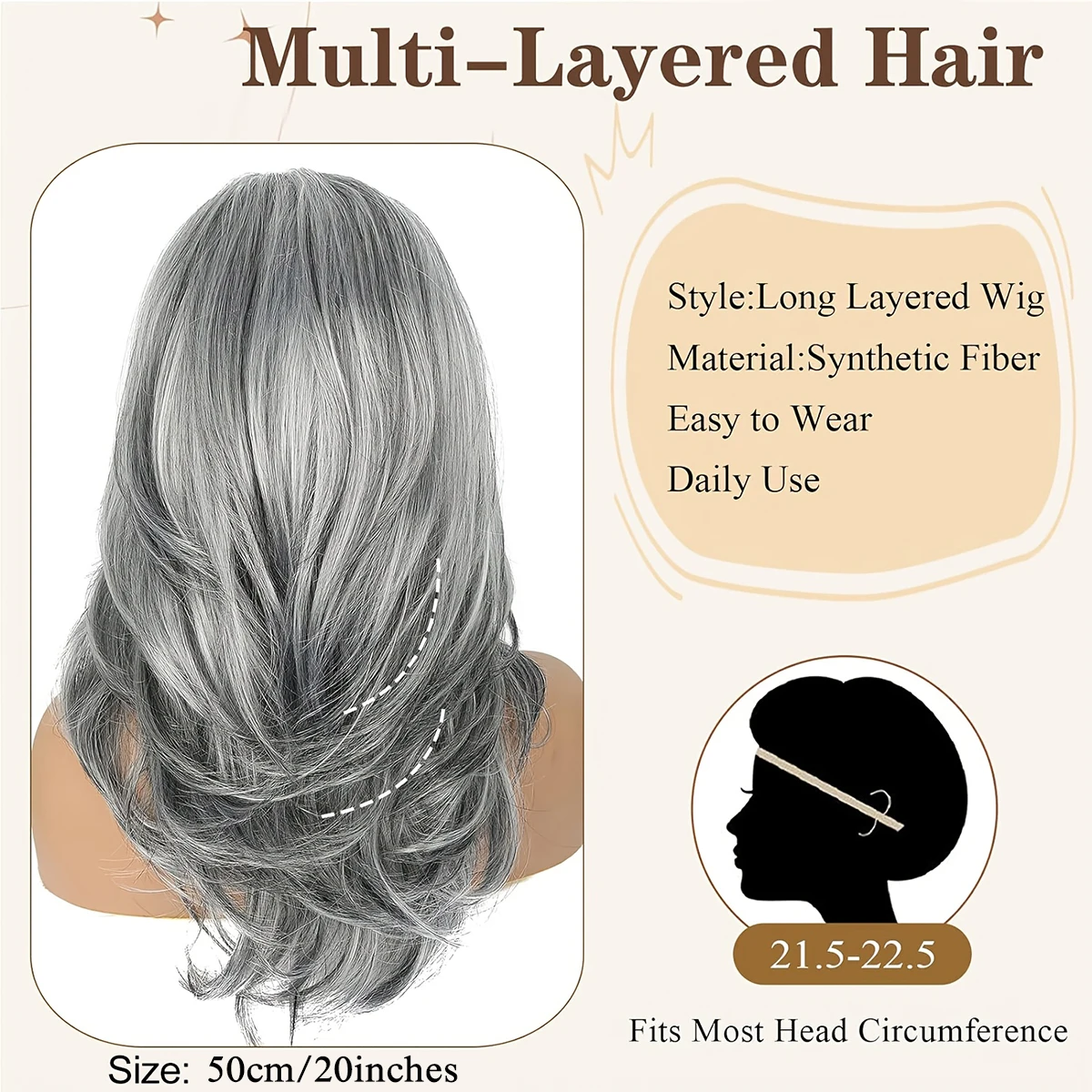 20" Synthetic Long Layered Silvery Wavy Wig for Women Natural Looking Heat Resistant Wig with Curly Style for Daily Party Use