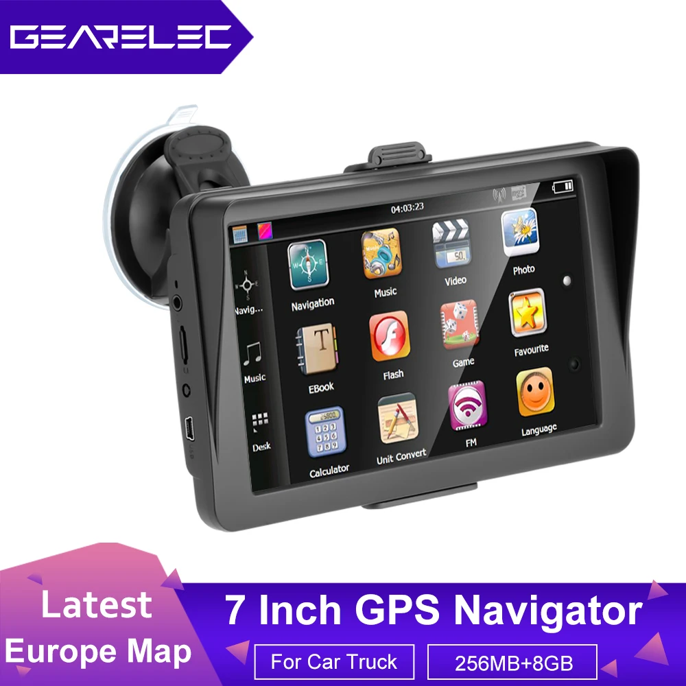 Gearelec Navigazione Gps Da 7 Pollici Per Navigatore Gps Per Camion Con Parasole Ultima Mappa Europa Sat Nav 256M + 8G Musica Fm
