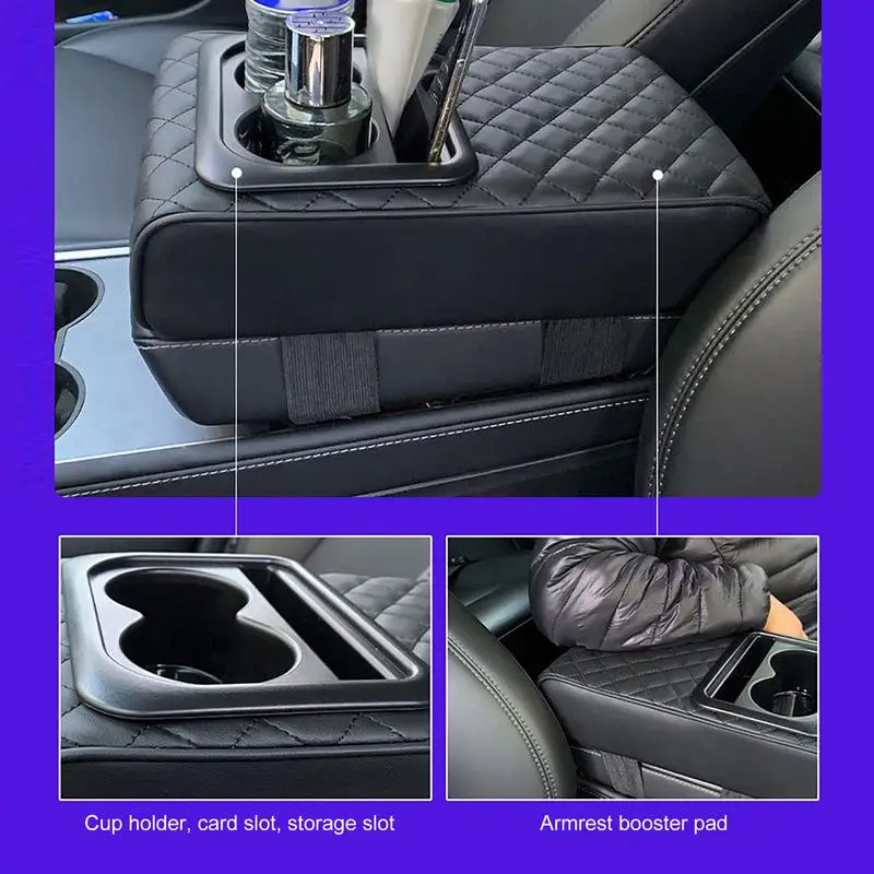 Almohadilla de altura para Reposabrazos de coche, cojín impermeable para Reposabrazos de consola central con 2 portavasos, espuma de memoria, cuero PU