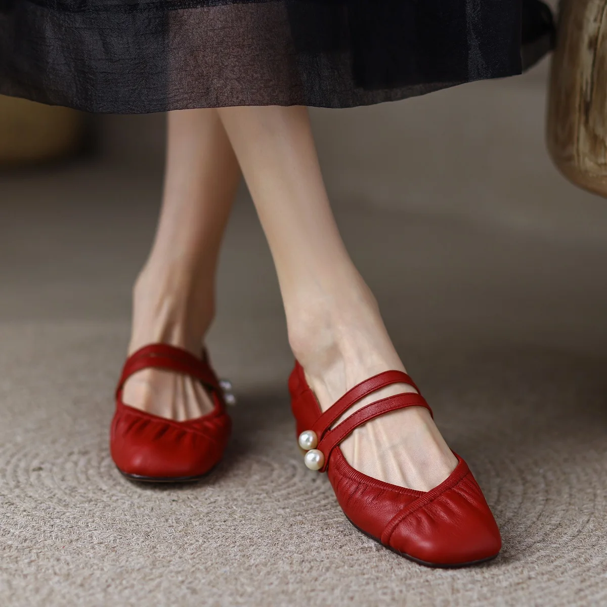 elegant-pleated-mary-jane-woman-ballet-shoes-daily-simple-flats-sqauretoe-spring-ballet-shoes-cowhide-buckle-straps-low-heels