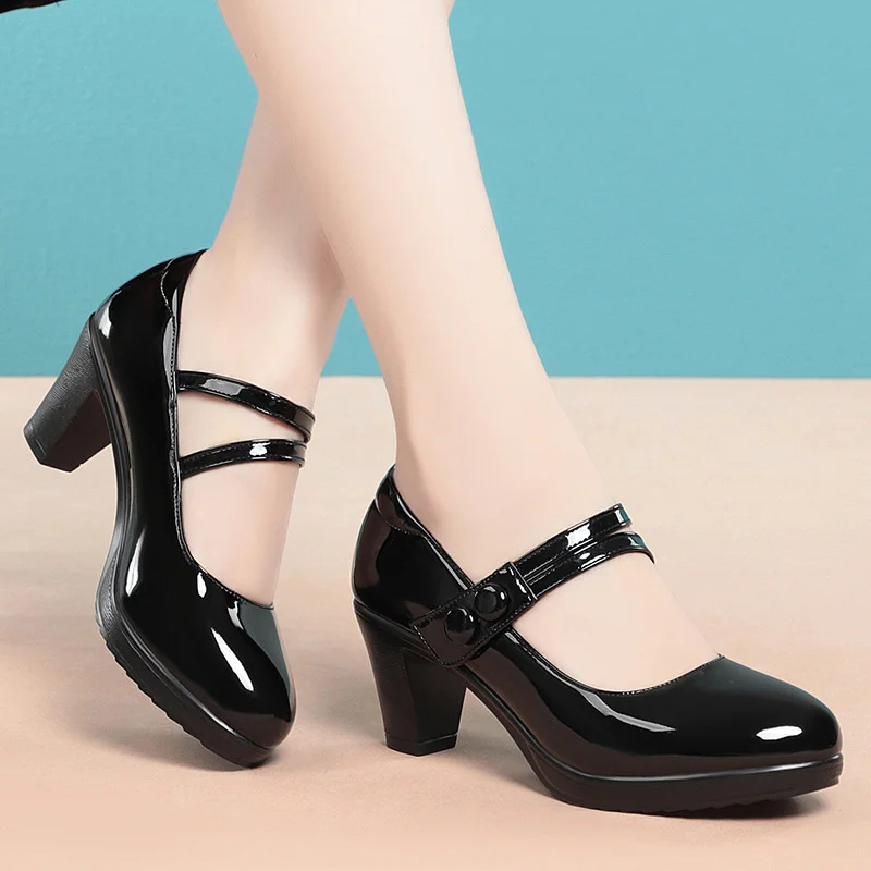

Women Cute Comfort Buckle Strap Black Patent Leather Height Increased Shoes Lady Cool Wine Red Heel Shoes