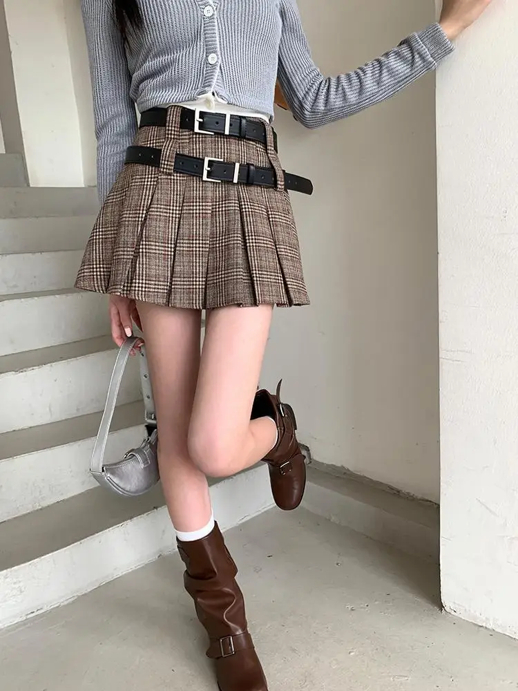 ミニスカート Plaid Short Pleats Belt Skirt Plaid Short Pleats Belt Skirt - M / brown
