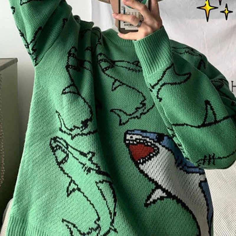 

Pullover Men's Women's Winter Warm Round Neck 2023 Knit Pullover Harajuku Anime Undershirt Aesthetic Design Y2k Clothes Shark