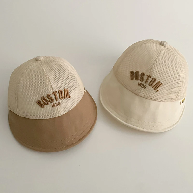 Sombrero de sol de verano para bebé, gorra de malla transpirable de ala grande para niños, visera ajustable para exteriores, letras sólidas para niño y niña_voghion.com
