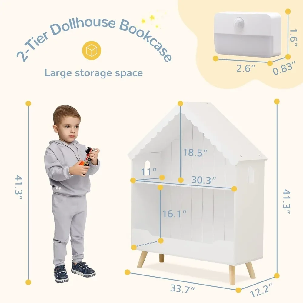 Kids Dollhouse Bookshelf, Wooden Bookcase Storage with Motion-Activated Light, Open Display Organizer for Toys and Books