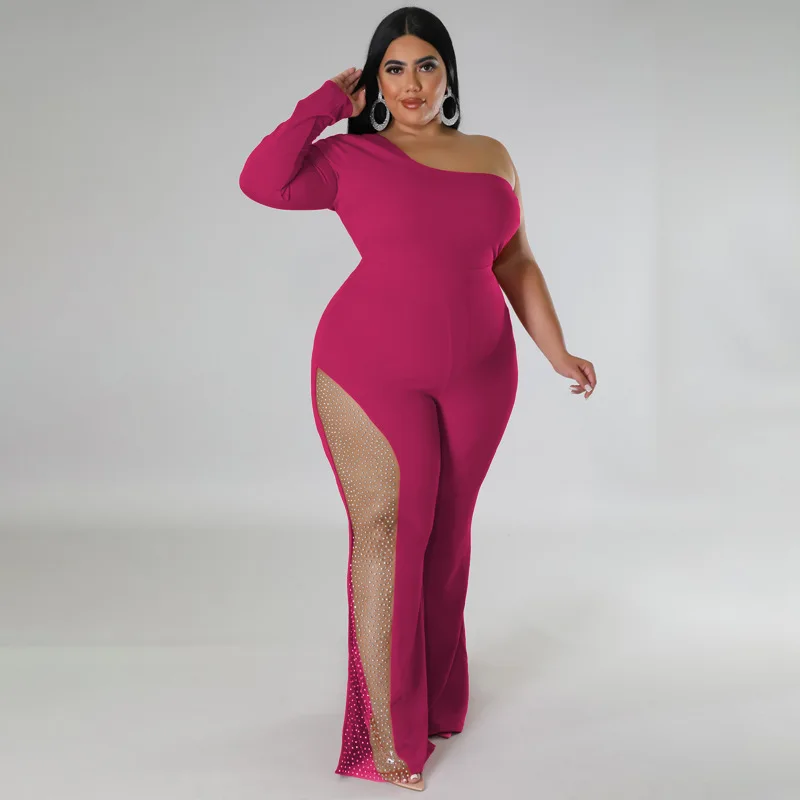 

WUHE Plus Size Women One Long Sleeve High Waist Boot Cut Jumpsuit for 2023 Side Sheer Mesh Rhinestone Sexy Party Club Playsuit