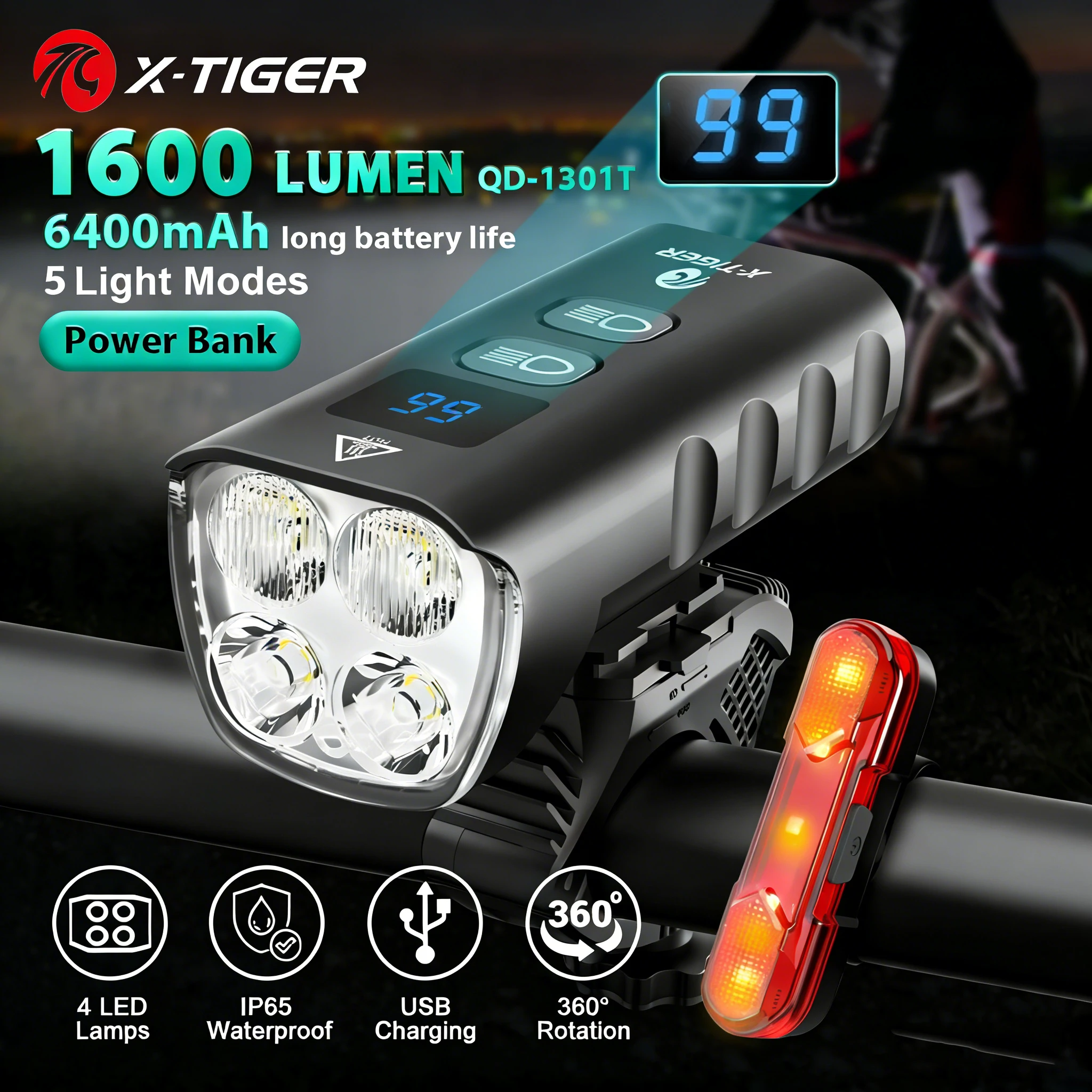 X-Tiger-充電式自転車フロントライト LED懐中電灯 サイクリング マウンテンバイク 6400ma 2400lm S5117f479f52d4daab3b9a3a0fea9a