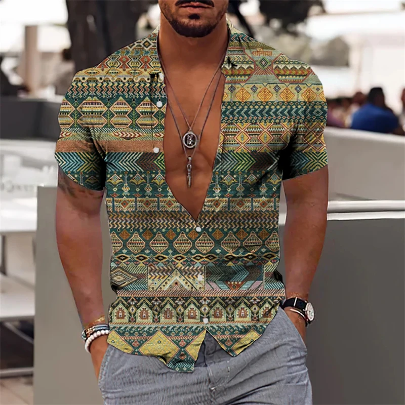 thumbnail image 1 of Camisa con estampado étnico para hombre, camisas de verano con solapa, camisetas de manga corta con gráficos a cuadros para hombre, camisetas de hip-hop de calle de gran tamaño 2024, 1 of 5