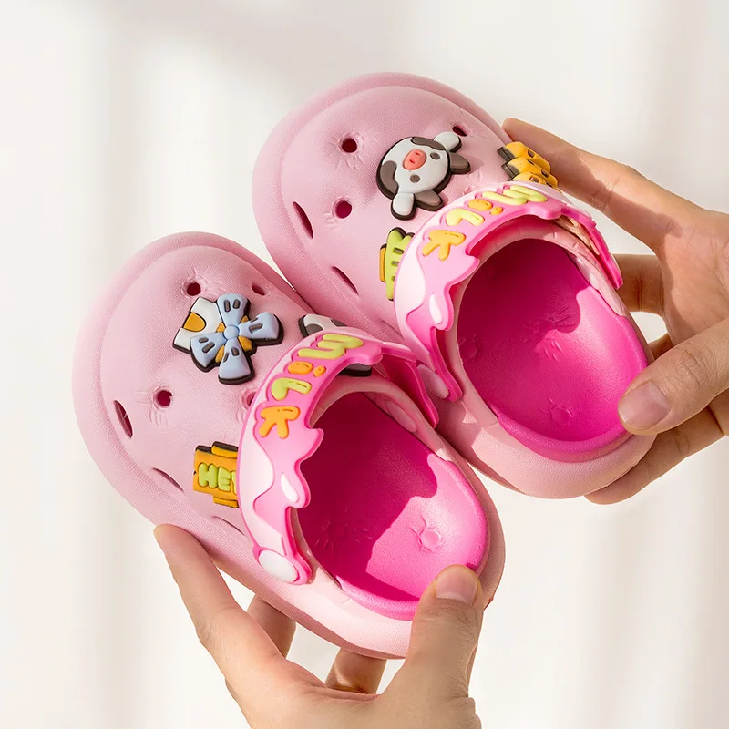 

Шлепанцы детские из ЭВА, коровий розовый и желтый цвета, пляжные сандалии с отверстиями для мальчиков и девочек, домашние тапочки, летняя обувь для сада, на каблуках