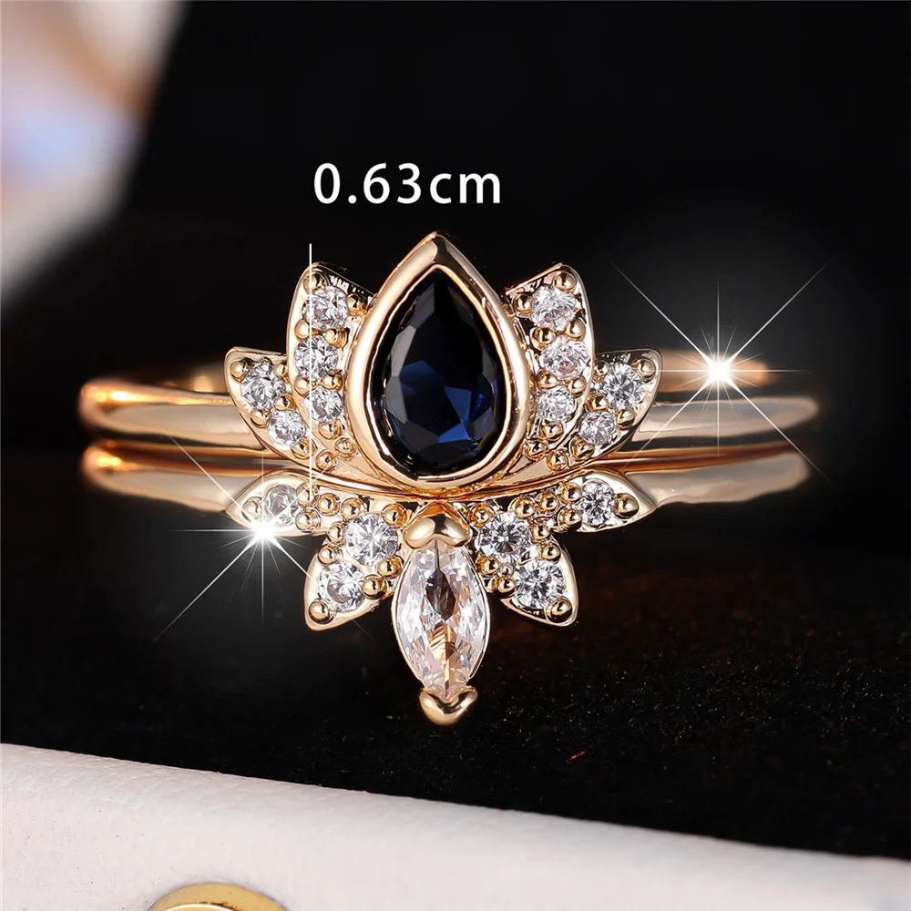 2pcs Female Silver Color Blue Zircon Stone Water Drop Ring Set Vintage Gold Color Bridal Wedding Bands Party Jewelry For Women