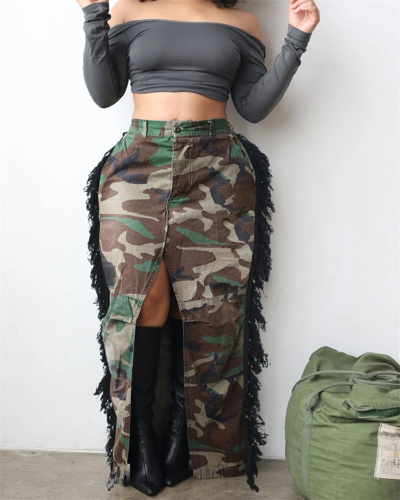 

Side Tassel Maxi Camouflage Skirts Women Fashion Cargo Style High Waist Button Fly Front Split Fringed Long Skirt Streetwear