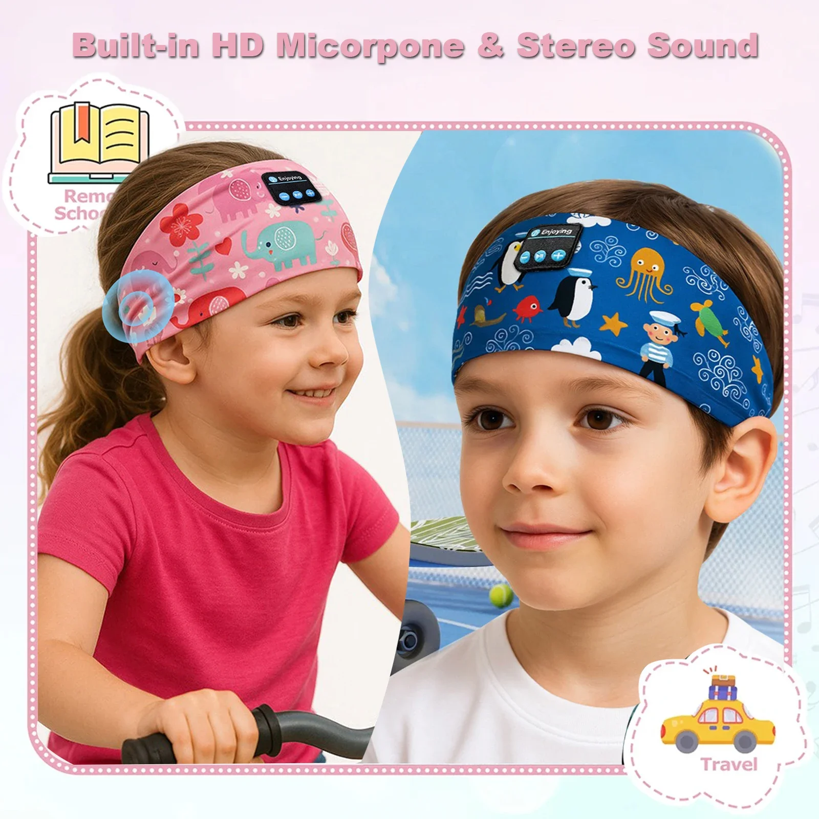 Kids Cartoon Bluetooth Headphones Headband Wireless Sports Music Headset Sleeping Head Band with HD Microphone for Boys&Girls
