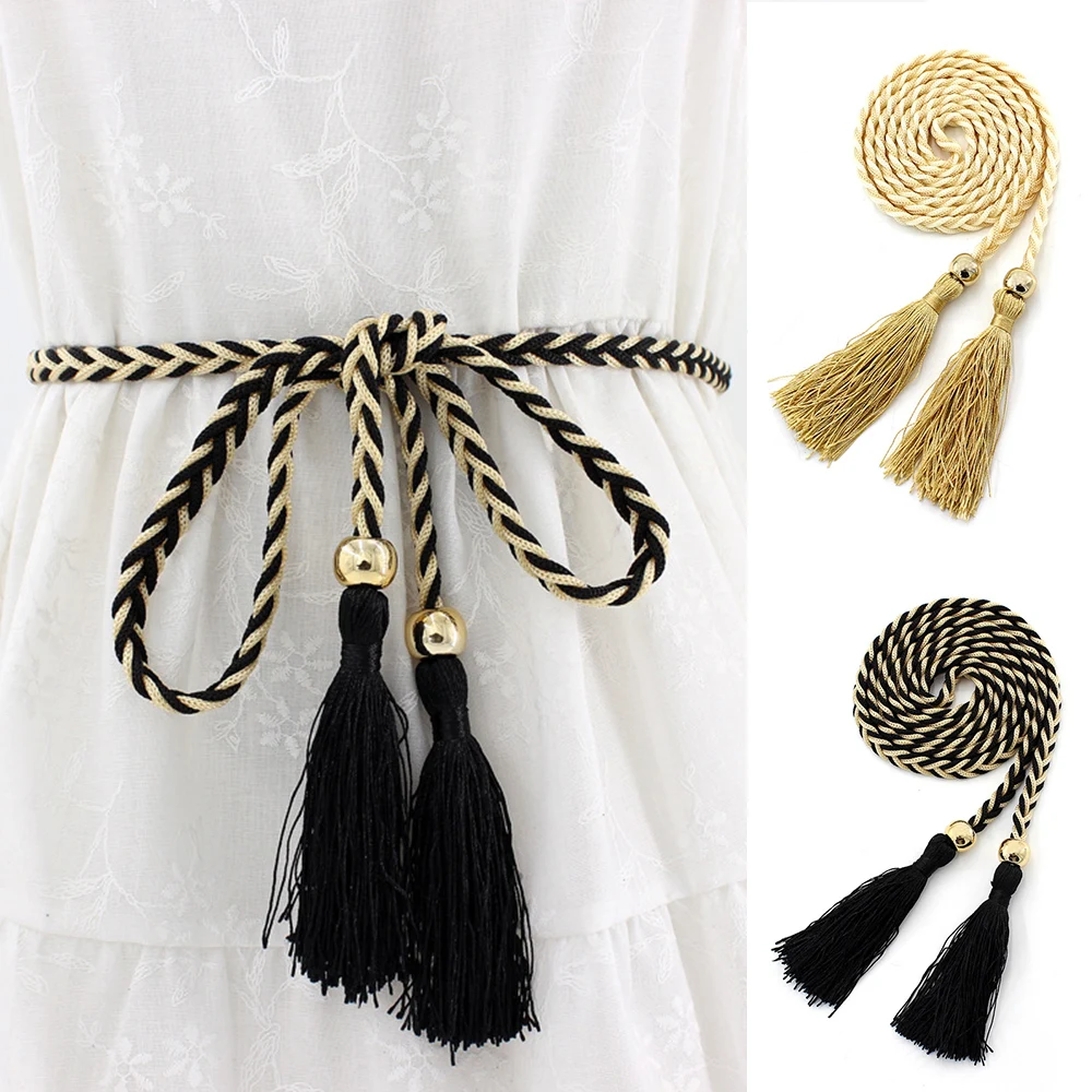 

Tassel Slim Waist Chain Women Solid Color Belt Dress Bow Knotted Decoration Waistband Thin Waist Rope Woven Waist Belt DIY 1pcs
