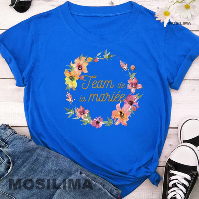 Team Bride Bachelorette Wedding Party Women Evjf Tee Shirt Casual ladies basic O-collar Pink Short Sleeved T-shirt Girl Royal blue2