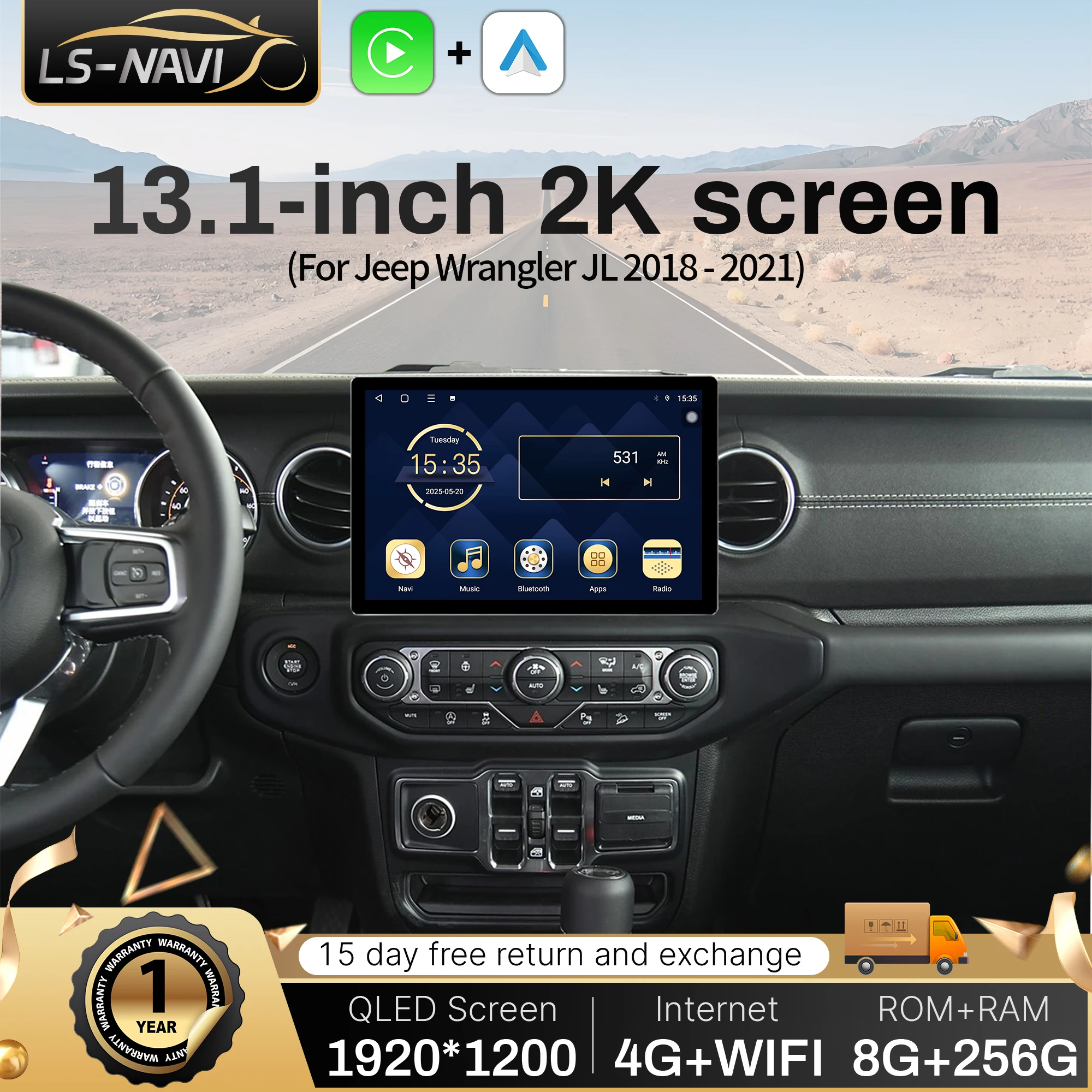 Android de 13,1 pulgadas para Jeep Wrangler JL 2018 - 2021 Radio de coche inalámbrico Bluetooth Carplay GPS Multimedia estéreo pantalla táctil QLED 1