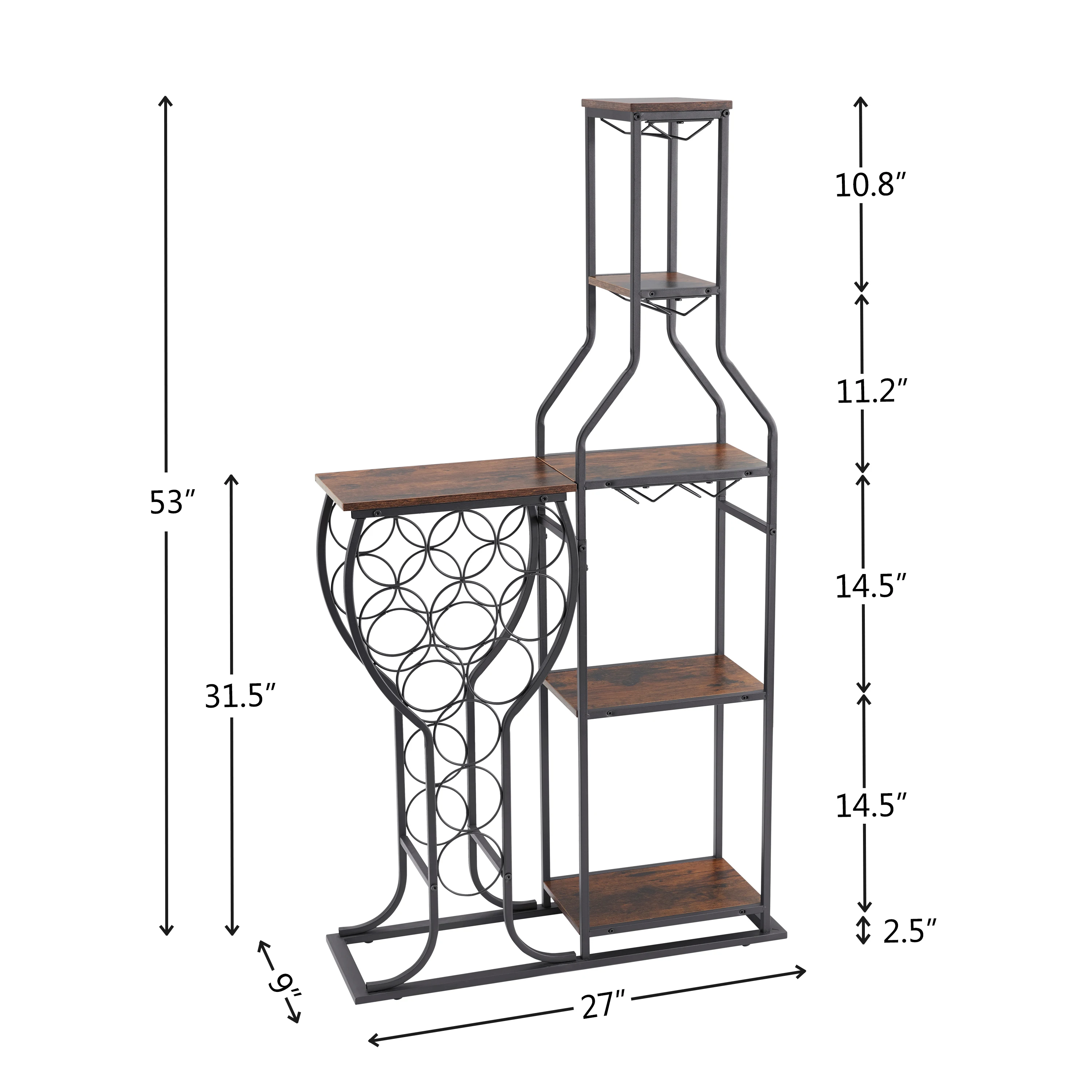 11 Bottle Wine Bakers Rack, 5 Tier Freestanding Wine Rack Hanging Glass Holder and Storage Shelves for Kitchen, Dining Room