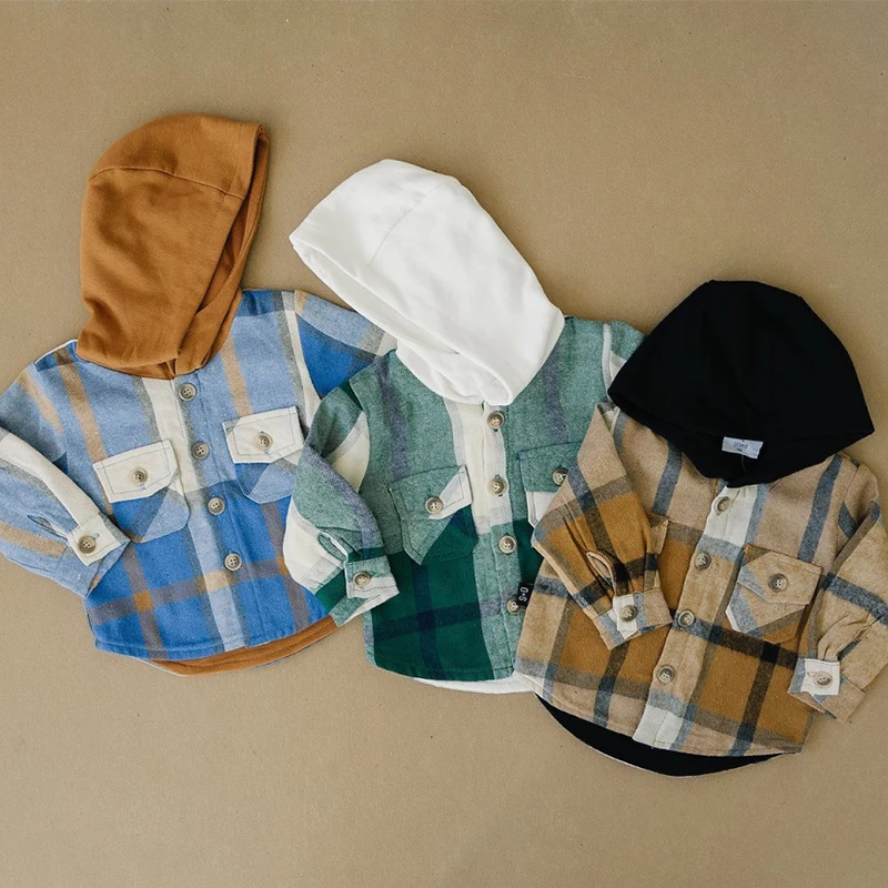 FOCUSNORM 4 Colors 1-6Y Autumn Kids Boys Causal Shirts Coat Plaid Printed Patchwork Long Sleeve Single Breasted Hooded Tops