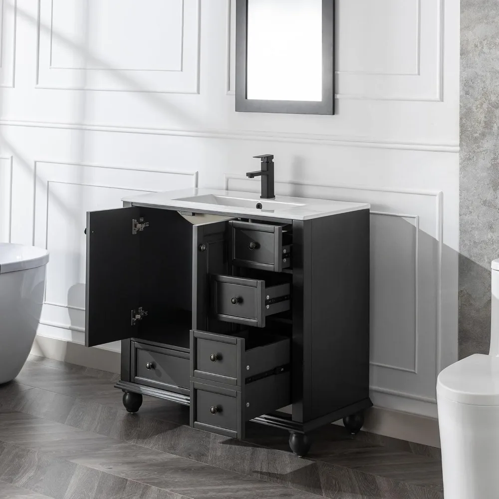36" Bathroom Vanity Sink Combo Vintage Style with Painted Solid Wood Construction, W/Matte Black Faucet & Drain, French Grey 3